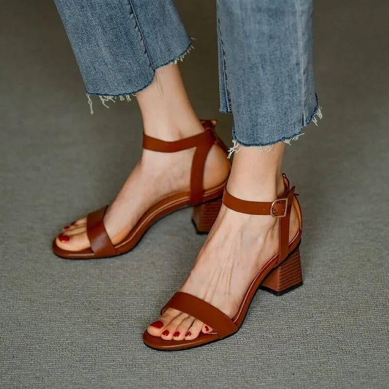 Amozae- Square High Heel Sandals Women Leather Brown Sandals Open Toe Buckle Simple Rome Woman Shoes Comfortable Chunky Heel 2024