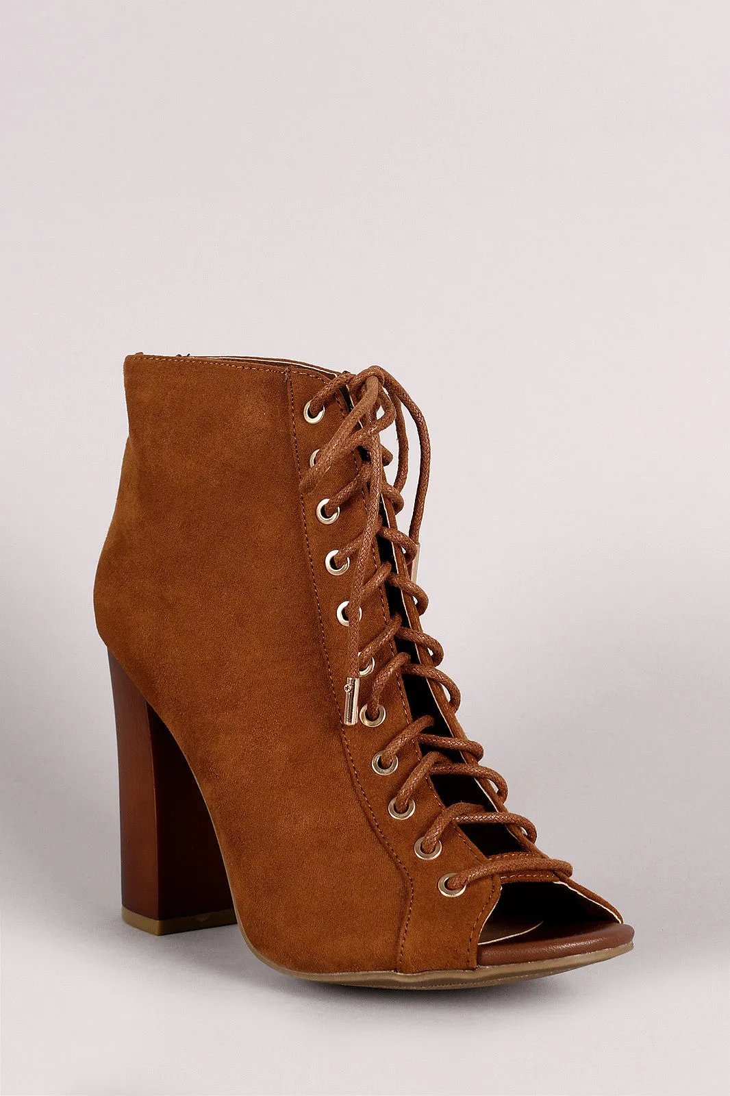 Bamboo Suede Peep Toe Lace Up Chunky Heeled Booties