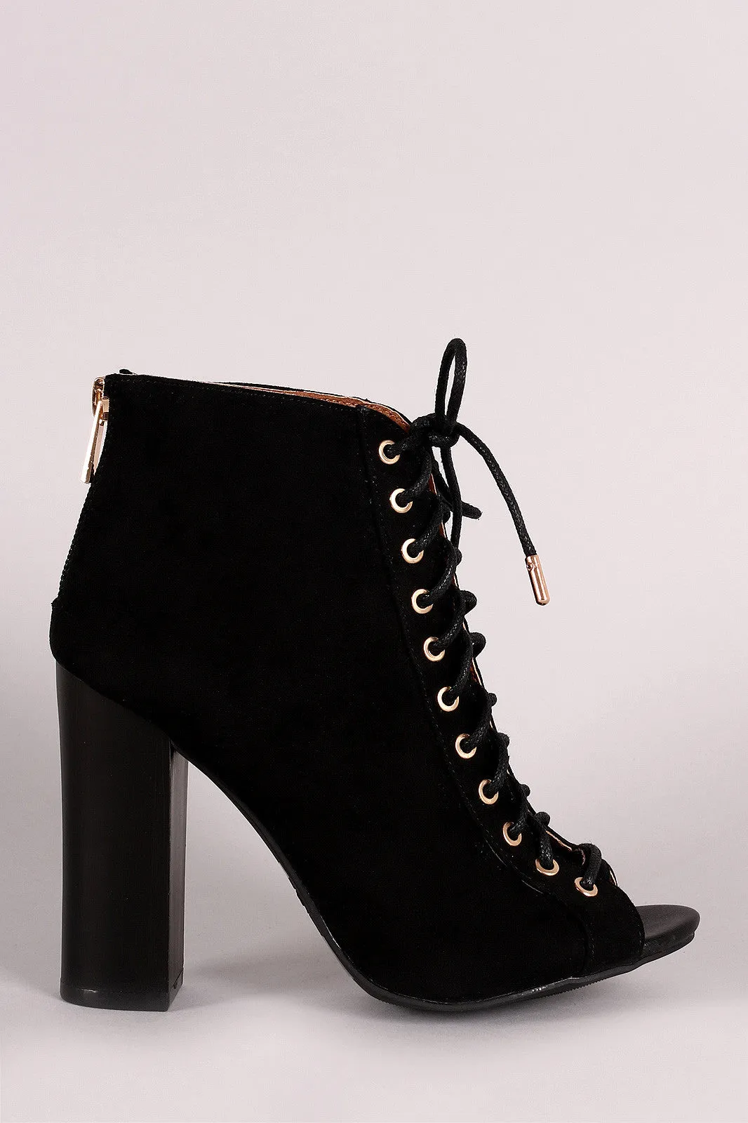 Bamboo Suede Peep Toe Lace Up Chunky Heeled Booties