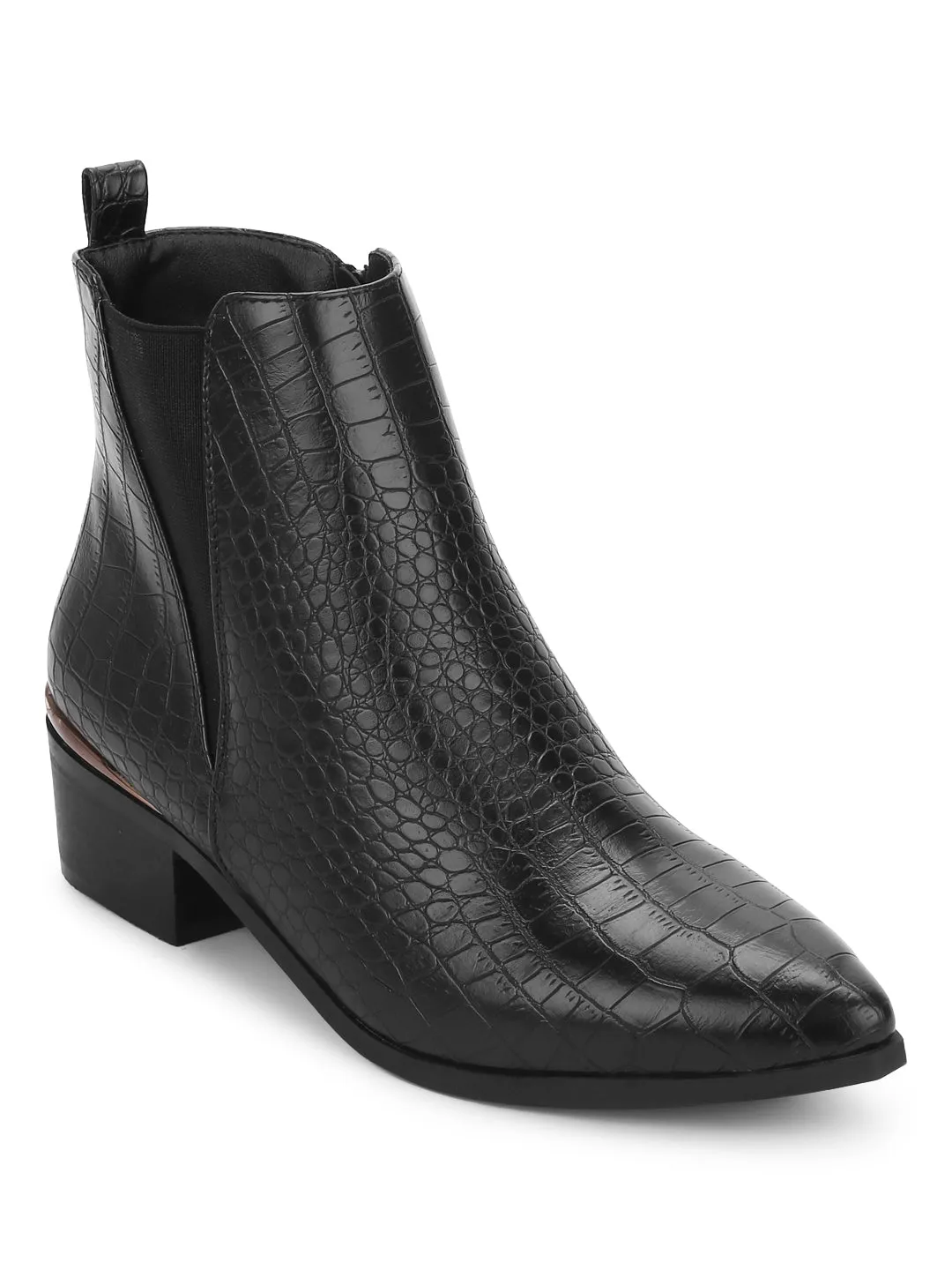 Black Croc PU Low Heel Ankle Length Boots