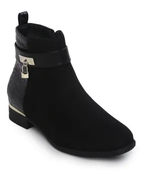 Black Micro Front And Croc Back Flat Ankle Boots