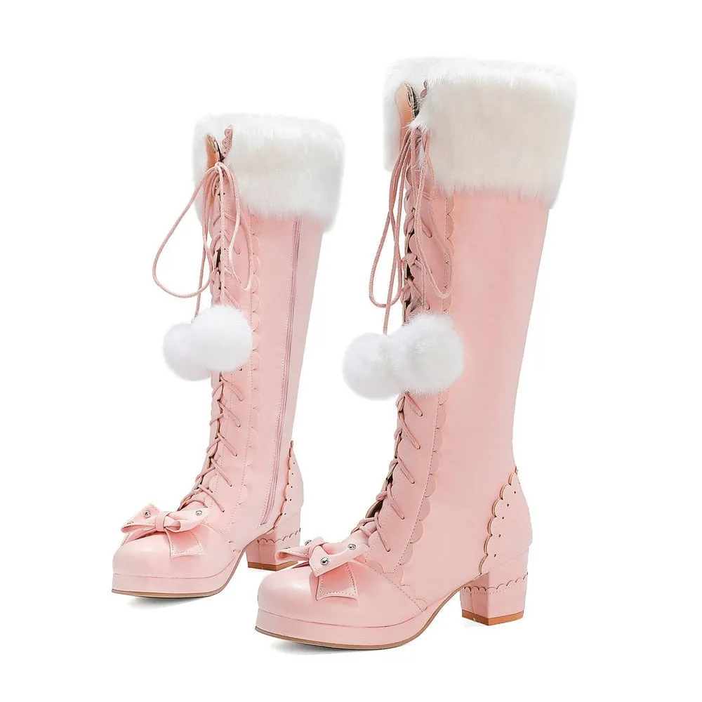 Bow Fur Knee High Boots