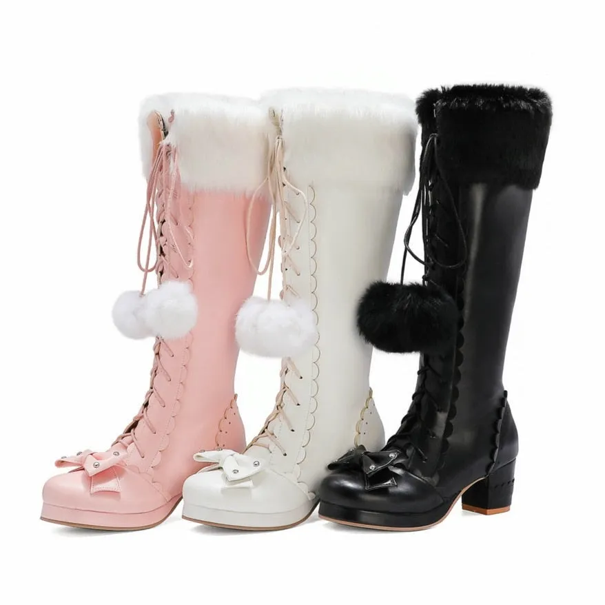 Bow Fur Knee High Boots