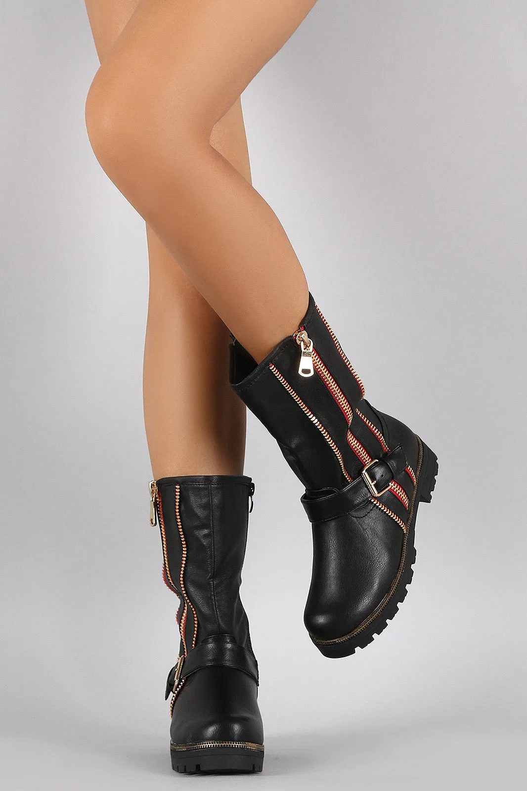 Buckled Zipper Trim Riding Mid Calf Boots