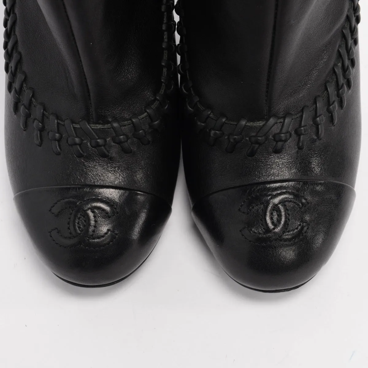 Chanel Black Calfskin CC Whipstitch Boots 37