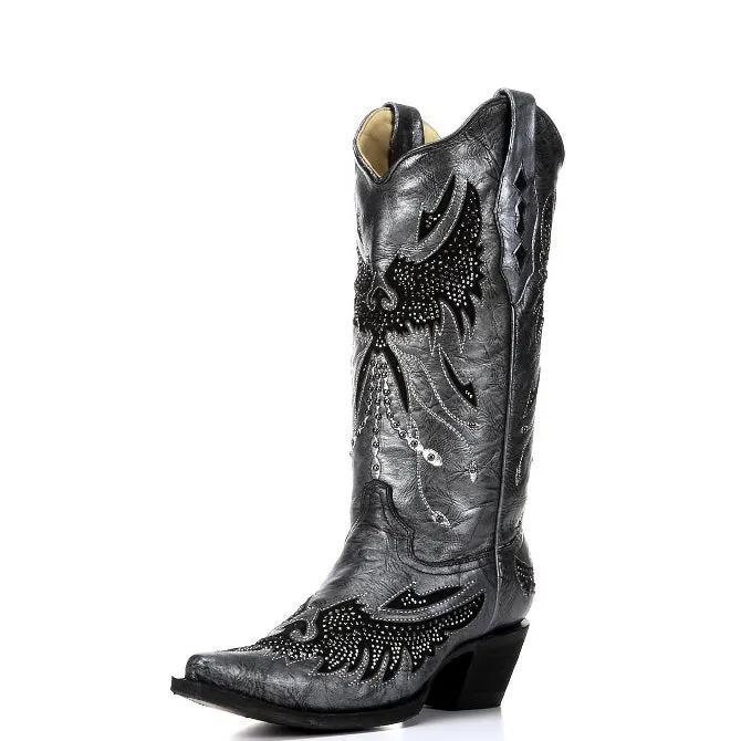 Corral Boots Black & Sliver Eagle Snip Toe- A2621