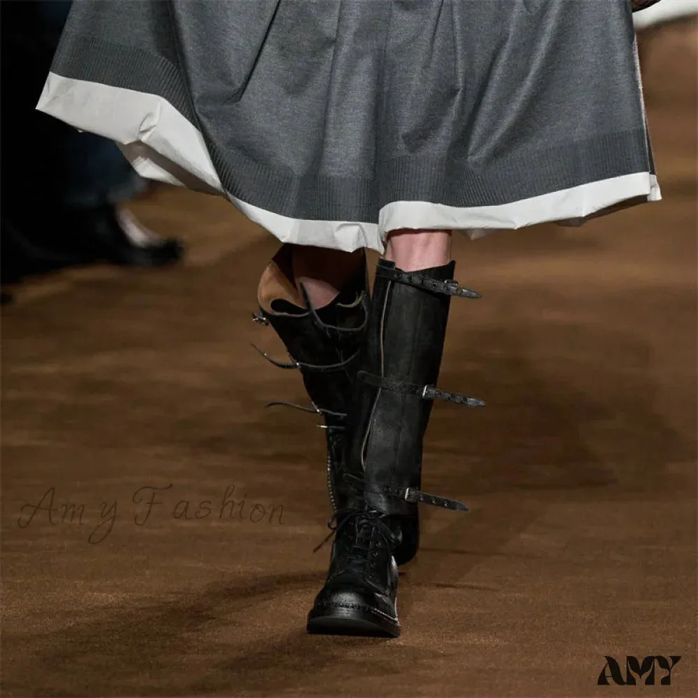 Cowhide Version Miu 2024 Runway Vintage Long Boots Distressed Leather Belt Buckle High Rider Women's Shoes