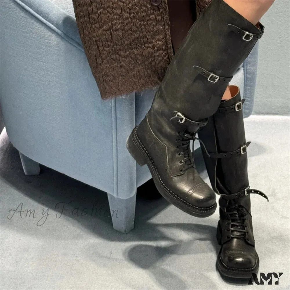 Cowhide Version Miu 2024 Runway Vintage Long Boots Distressed Leather Belt Buckle High Rider Women's Shoes