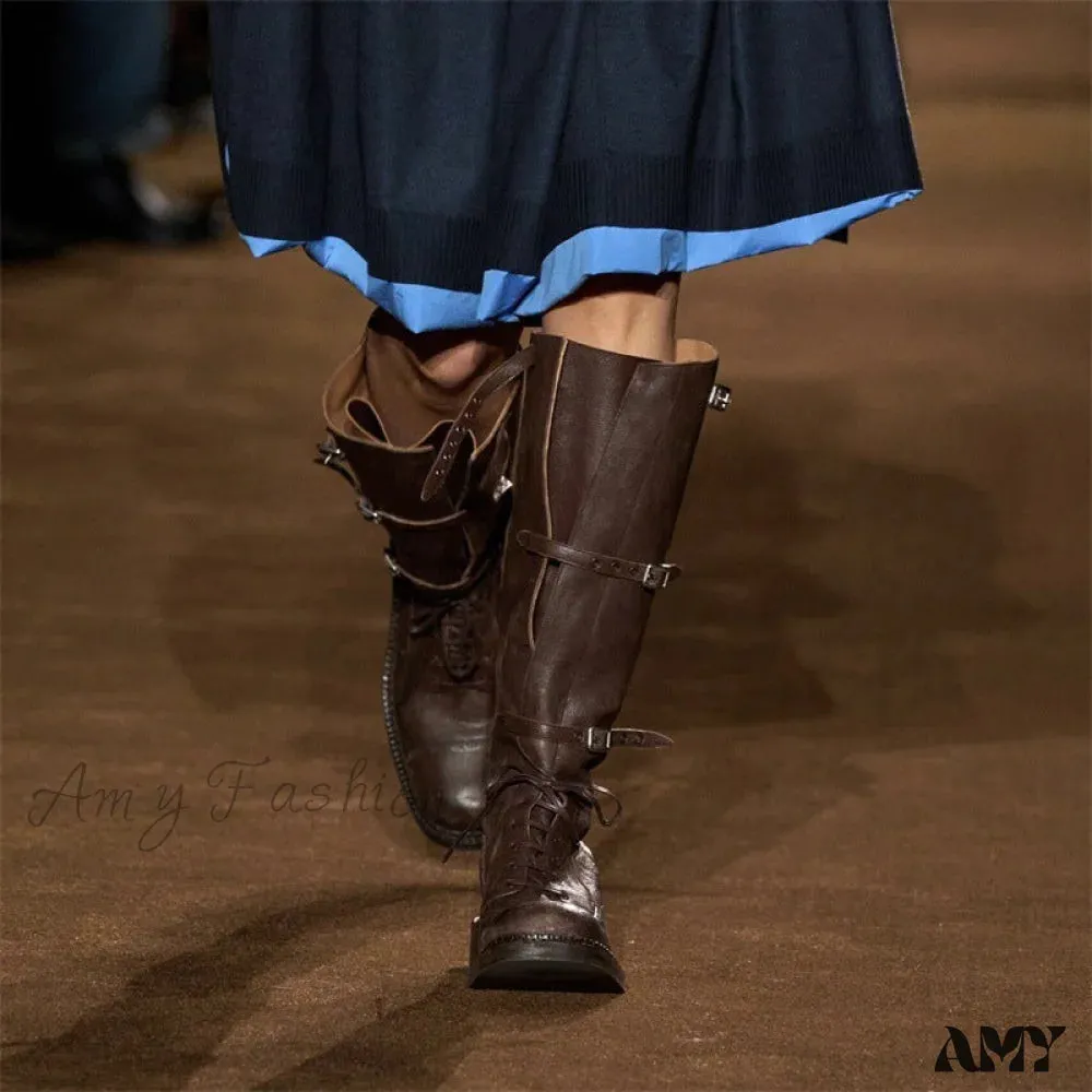 Cowhide Version Miu 2024 Runway Vintage Long Boots Distressed Leather Belt Buckle High Rider Women's Shoes