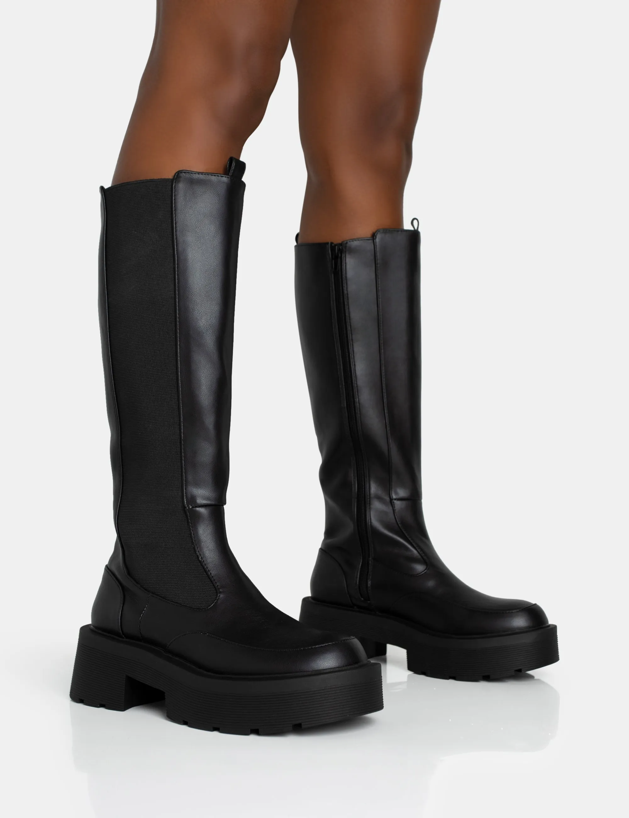 Evergreen Black Knee High Elasticated Detail Chunky Heeled Sole Boots