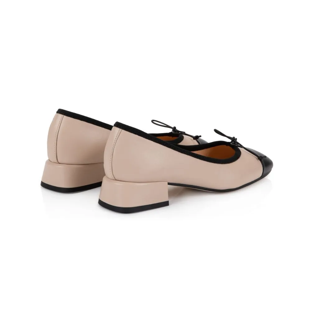 Misty: Beige & Black Leather Block Heel Ballerina