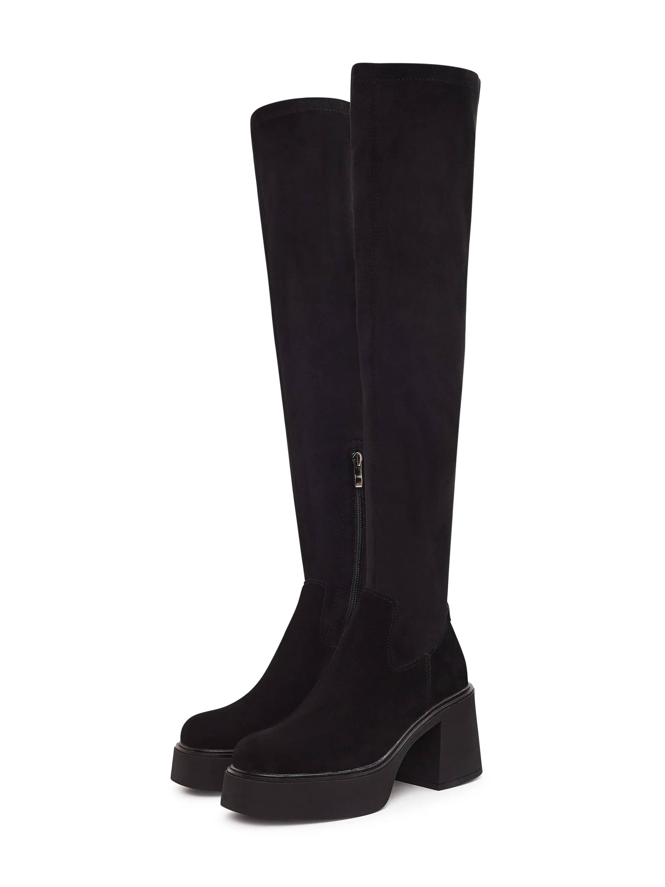 Platform Over-The-Knee Boots - Black Suede