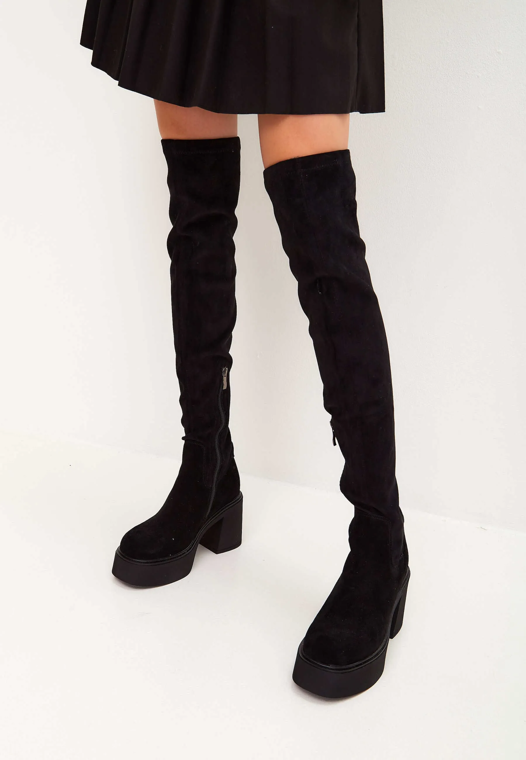 Platform Over-The-Knee Boots - Black Suede