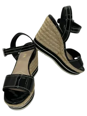 PRADA Black Patent Leather Espadrille Wedge Ankle Strap Sandals