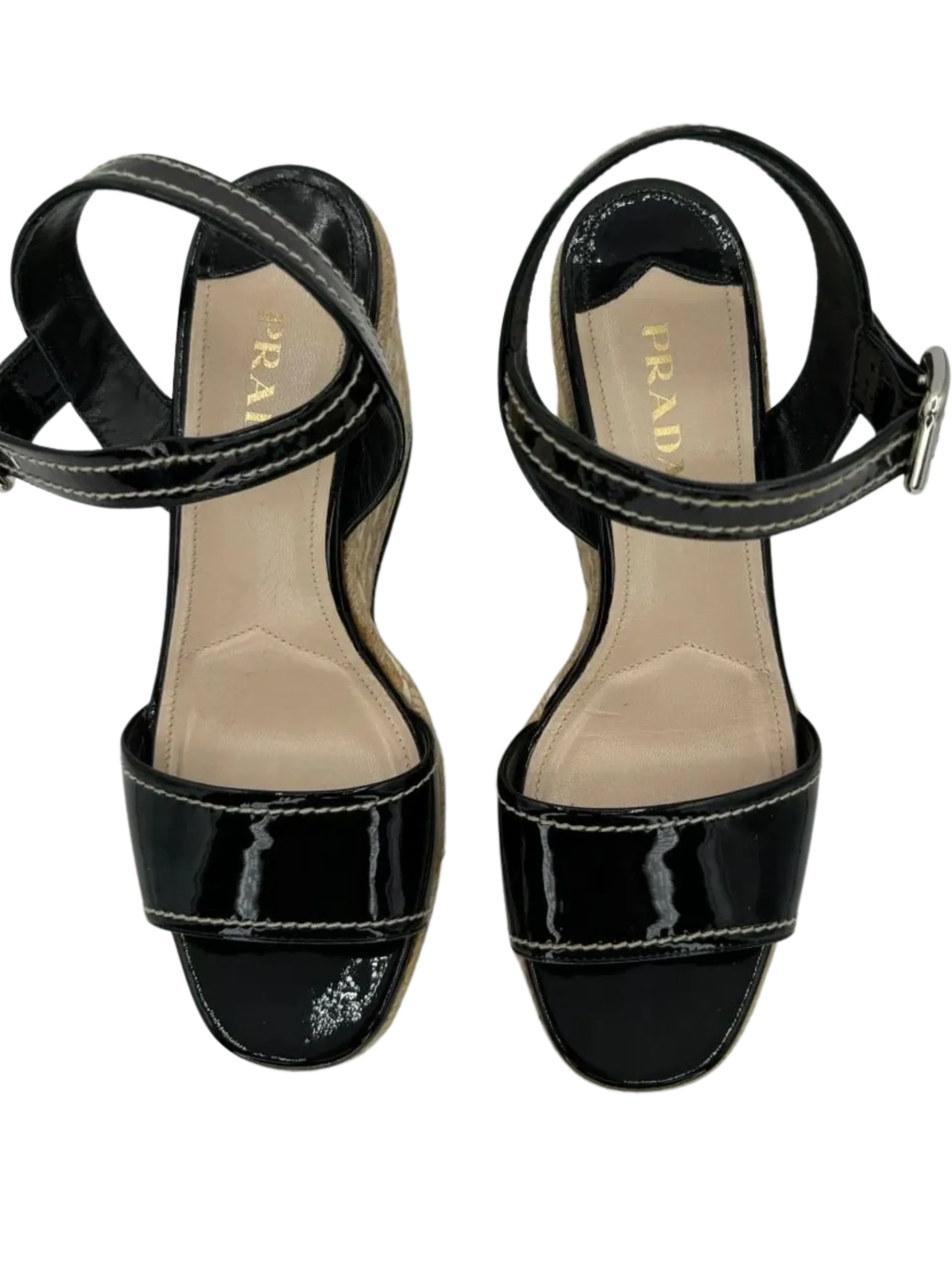 PRADA Black Patent Leather Espadrille Wedge Ankle Strap Sandals