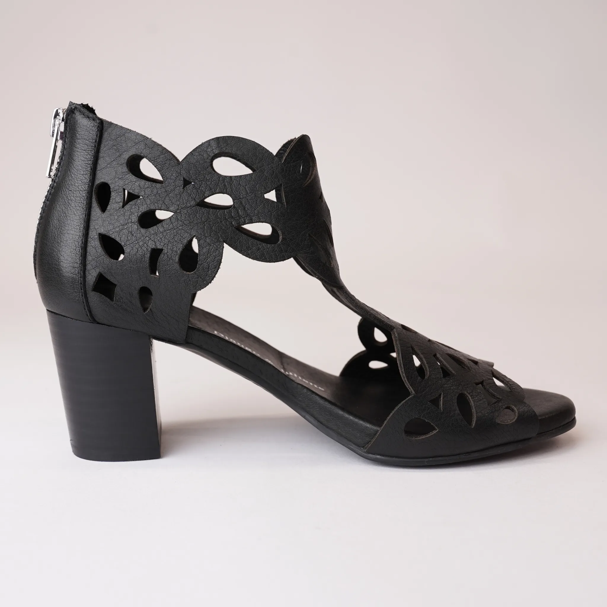 Saroja Black Leather Heels