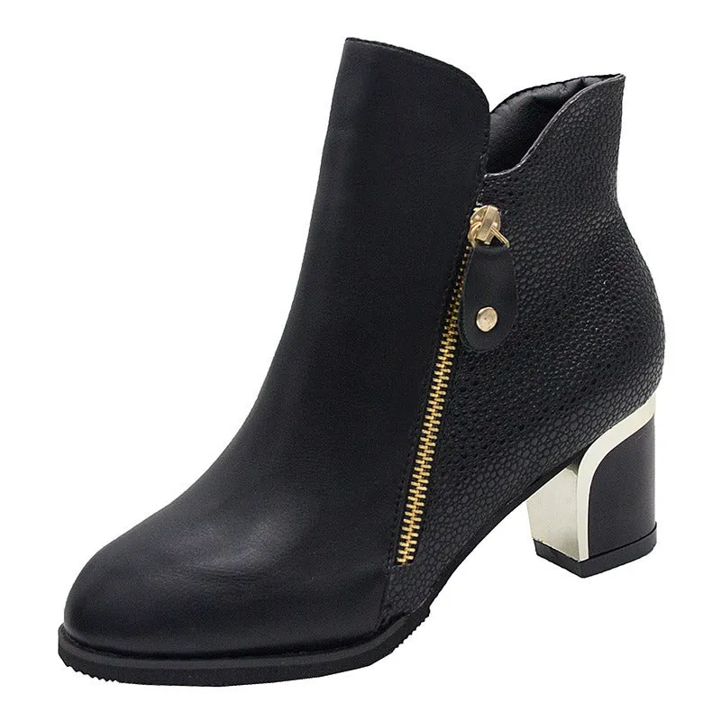 Side Zipper Ankle Boots with Thick Heel