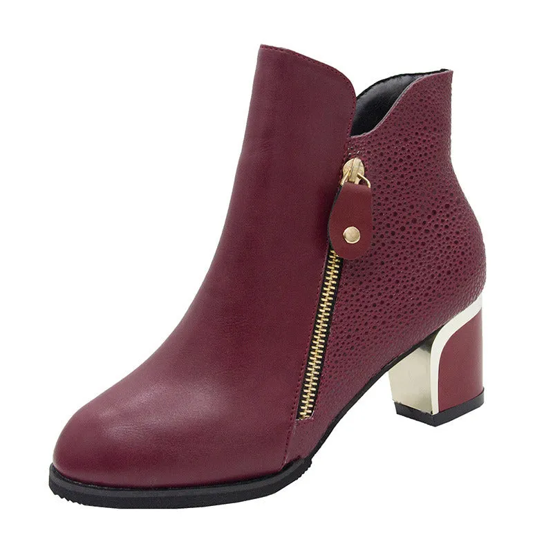 Side Zipper Ankle Boots with Thick Heel