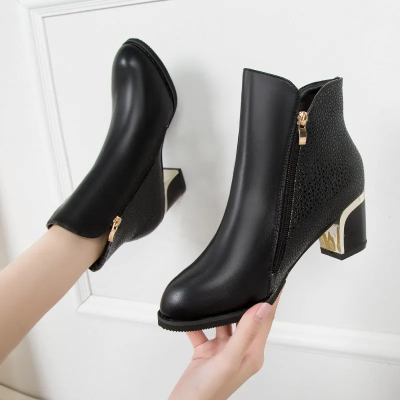 Side Zipper Ankle Boots with Thick Heel