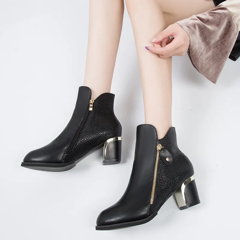 Side Zipper Ankle Boots with Thick Heel