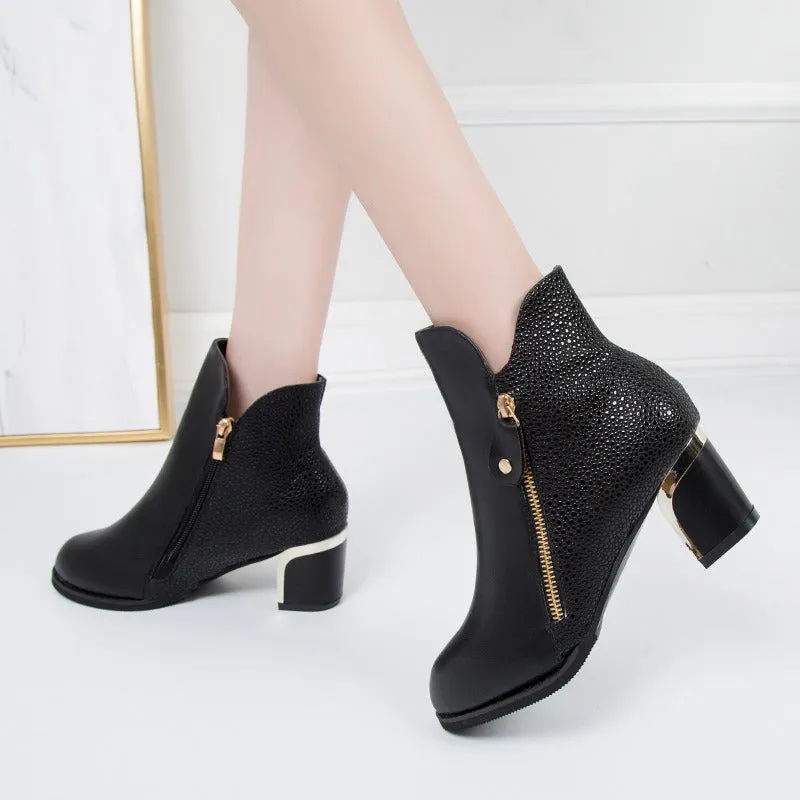 Side Zipper Ankle Boots with Thick Heel