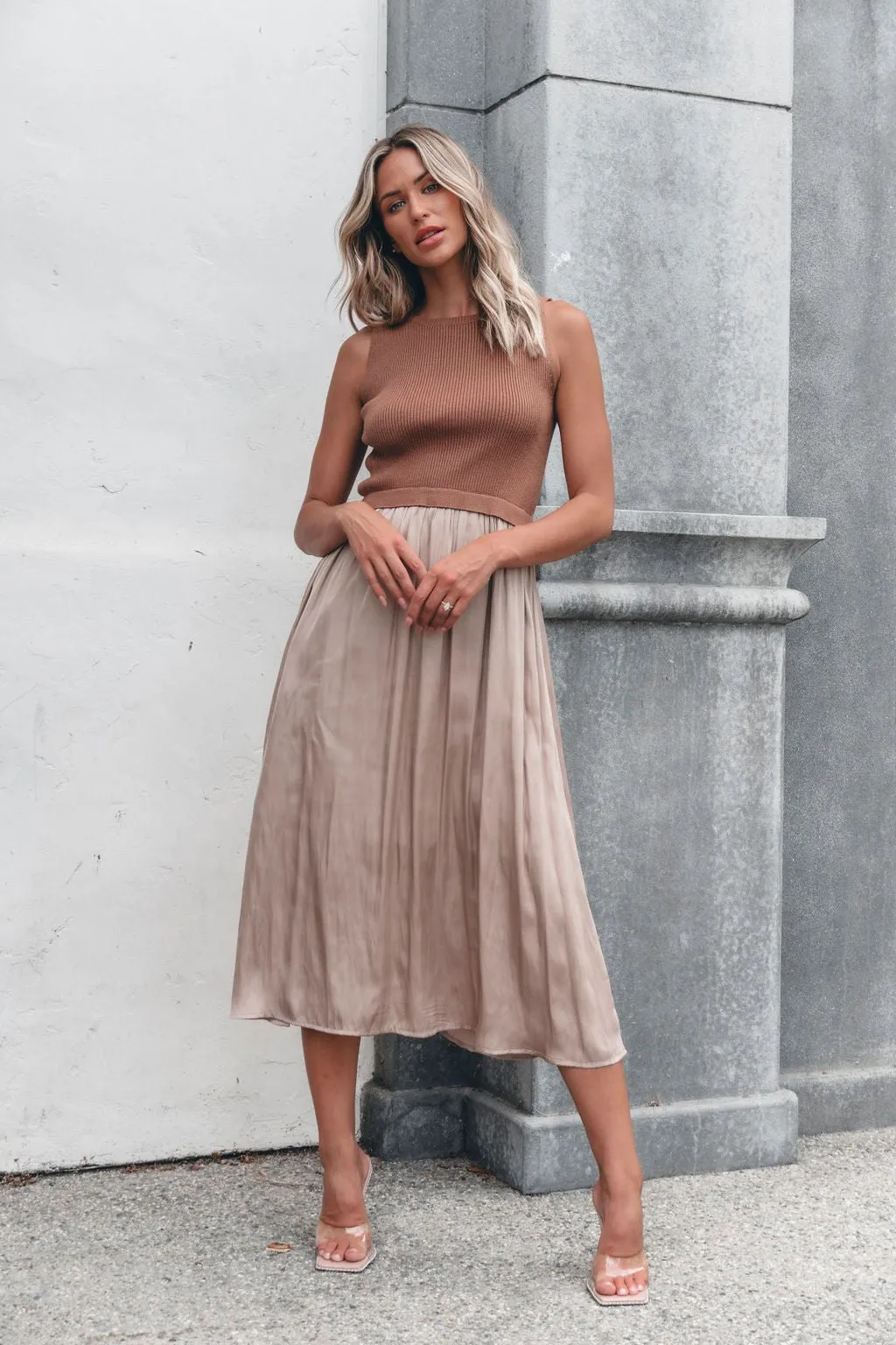 Sleeveless Half Sweater and Satin Skirt Midi Dress - Mocha