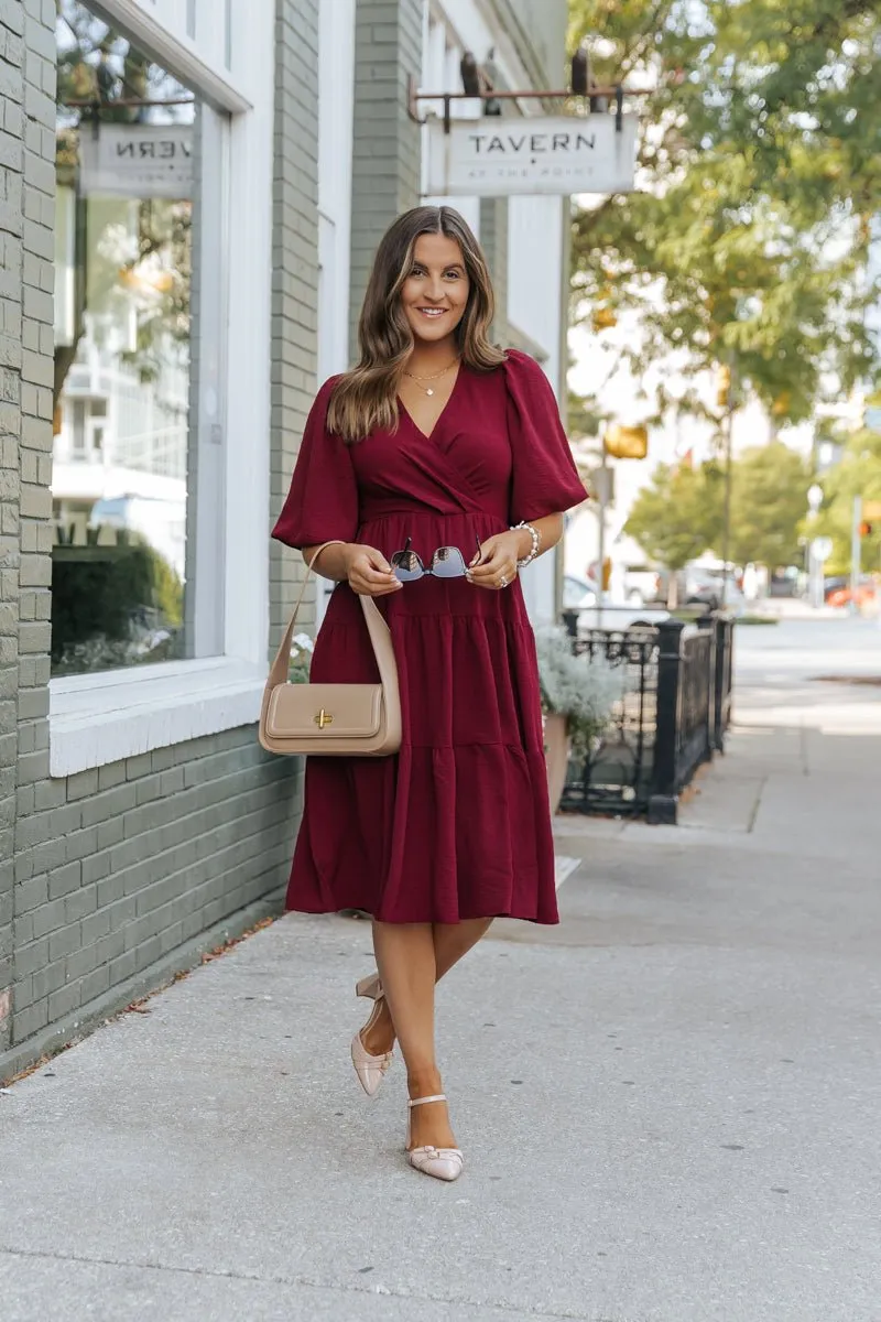 Wine Tiered Midi Wrap Dress - FINAL SALE