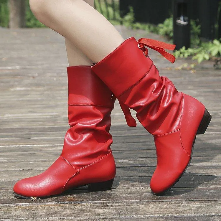 Women back lace up bowknot mid calf boots