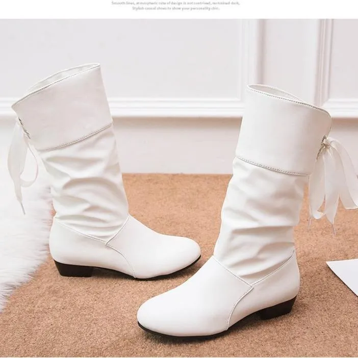 Women back lace up bowknot mid calf boots