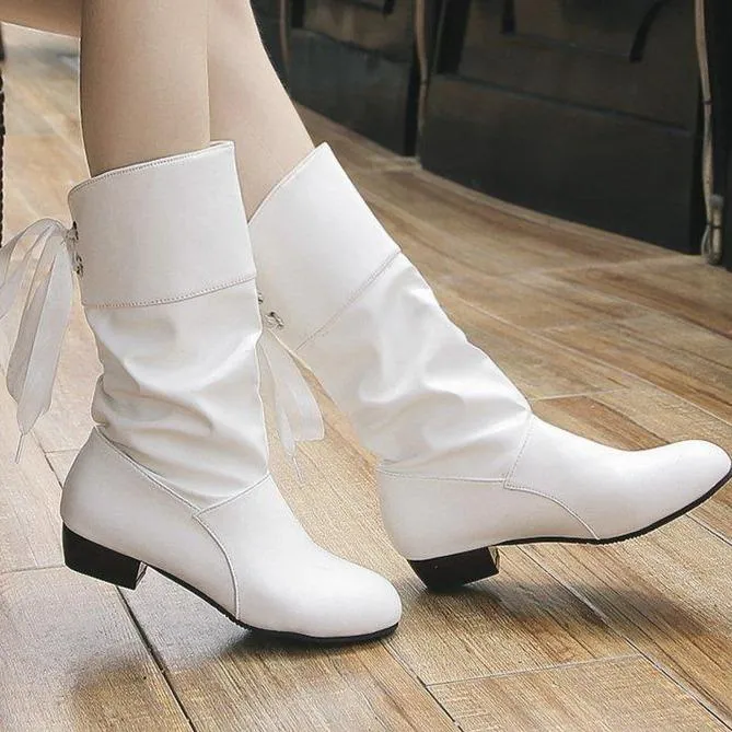 Women back lace up bowknot mid calf boots