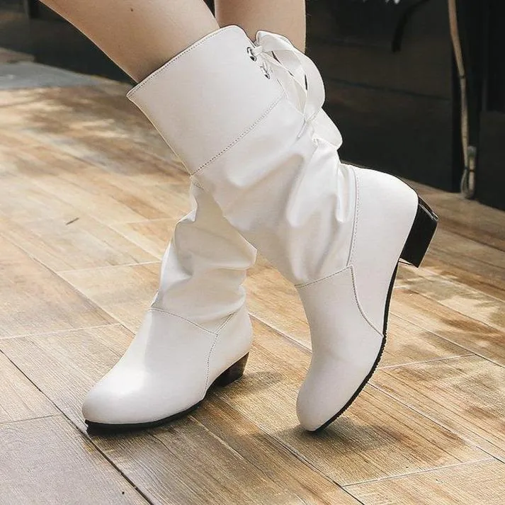 Women back lace up bowknot mid calf boots