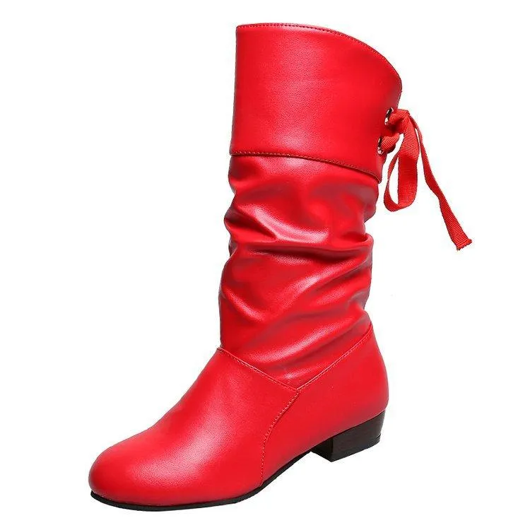 Women back lace up bowknot mid calf boots