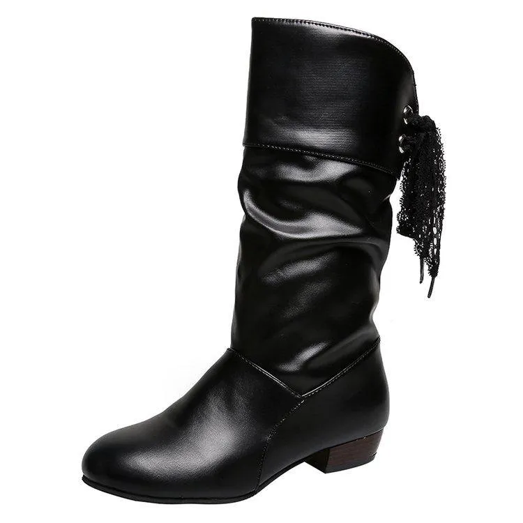 Women back lace up bowknot mid calf boots