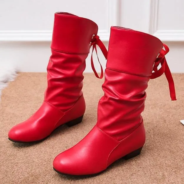 Women back lace up bowknot mid calf boots