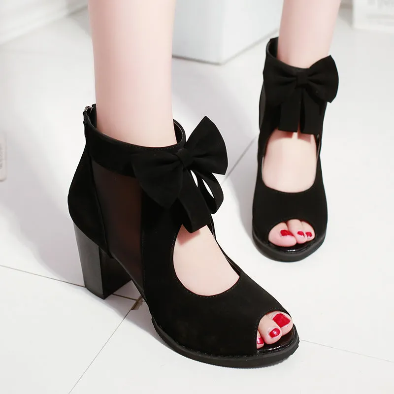 Women bowknot hollow back zipper peep toe chunky heels