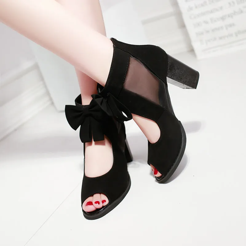 Women bowknot hollow back zipper peep toe chunky heels