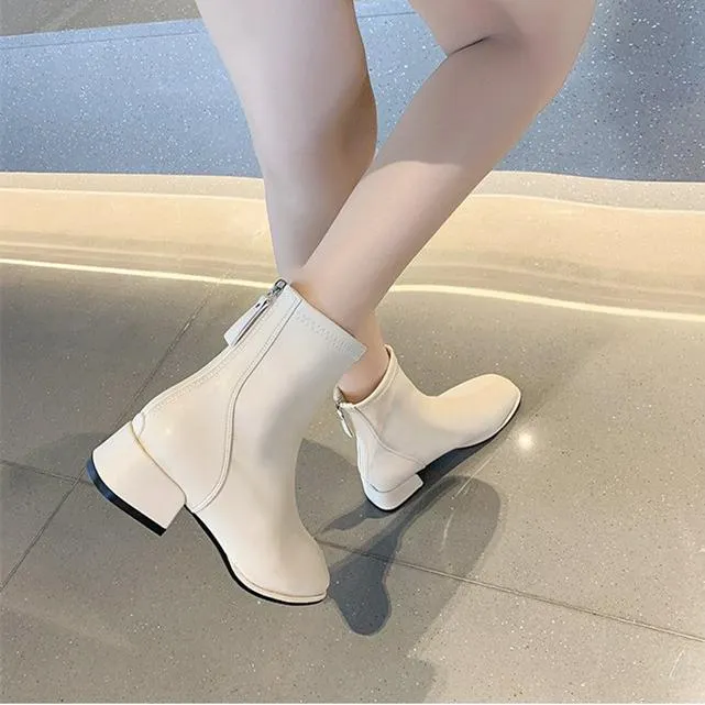 Women chunky heel back zipper short square toed boots