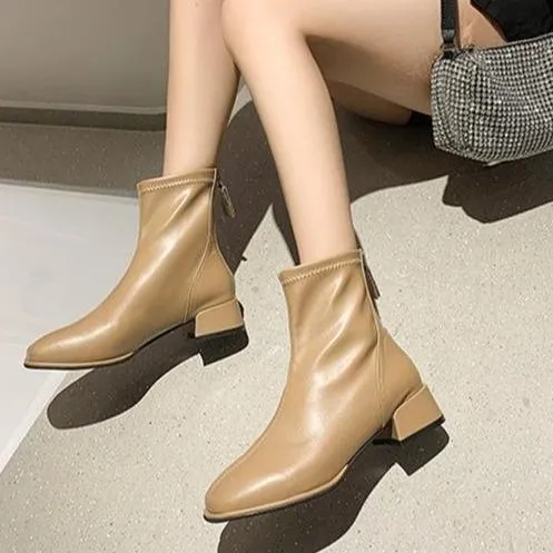 Women chunky heel back zipper short square toed boots