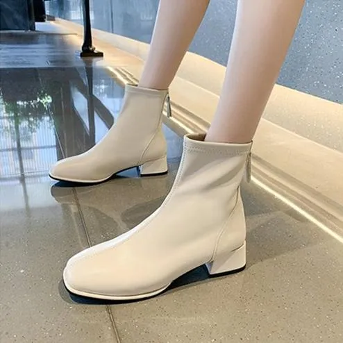 Women chunky heel back zipper short square toed boots