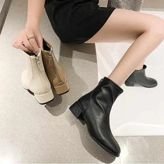 Women chunky heel back zipper short square toed boots