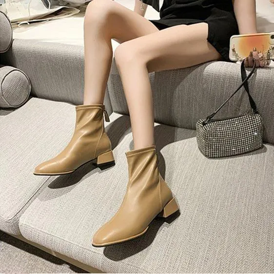 Women chunky heel back zipper short square toed boots