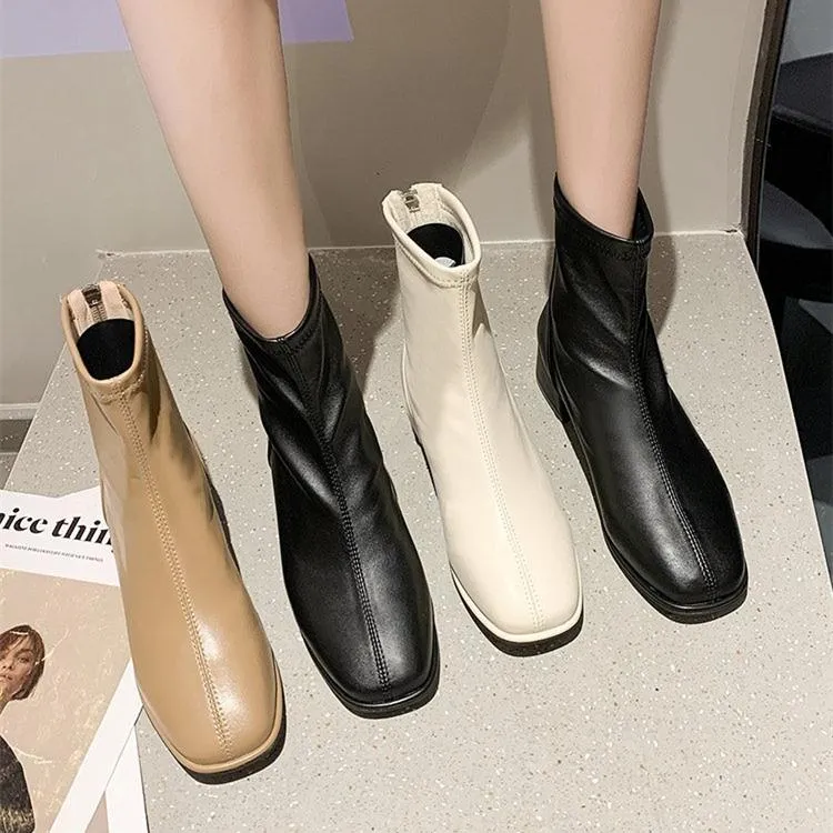 Women chunky heel back zipper short square toed boots