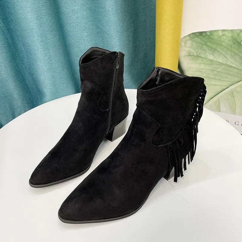 Women chunky heel pointed toe side zipper short fringe boots