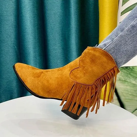 Women chunky heel pointed toe side zipper short fringe boots