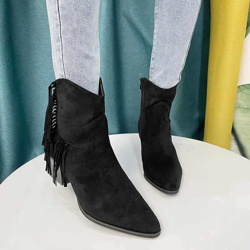 Women chunky heel pointed toe side zipper short fringe boots