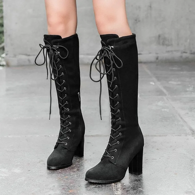 Women chunky heel side zipper lace up knee high boots