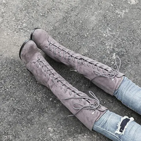 Women chunky heel side zipper lace up knee high boots