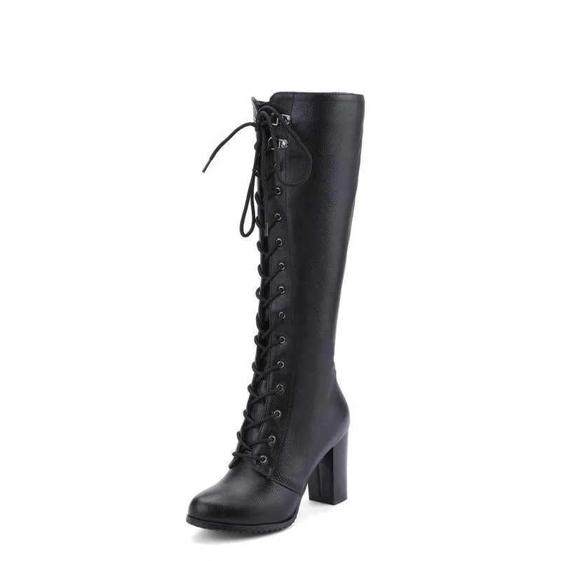 Women chunky heel side zipper lace up knee high boots