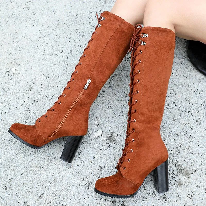 Women chunky heel side zipper lace up knee high boots