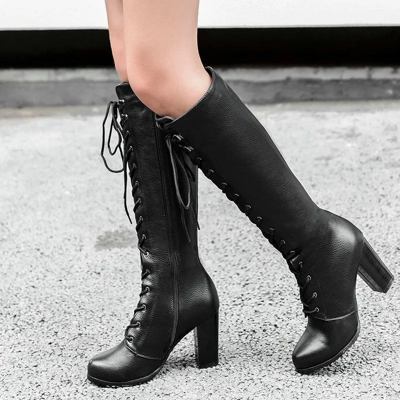 Women chunky heel side zipper lace up knee high boots